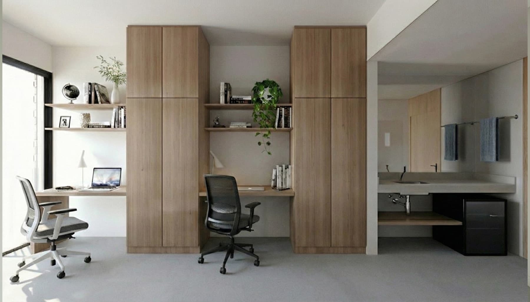 Quarto compartilhado da residência estudantil, com duas mesas de estudo — representação arquitetônica