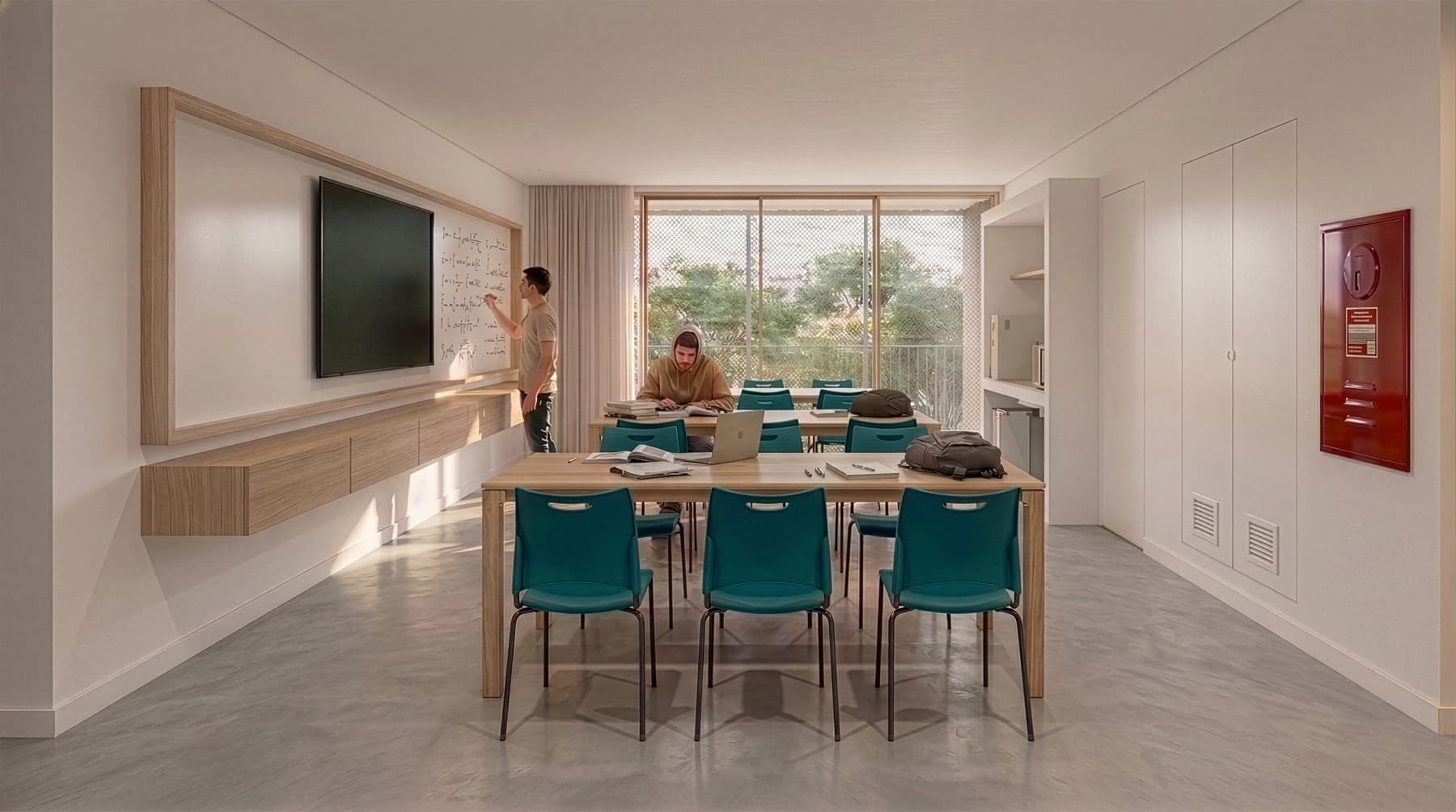 Sala de estudos da residência, com mesa coletiva e quadro branco — representação arquitetônica